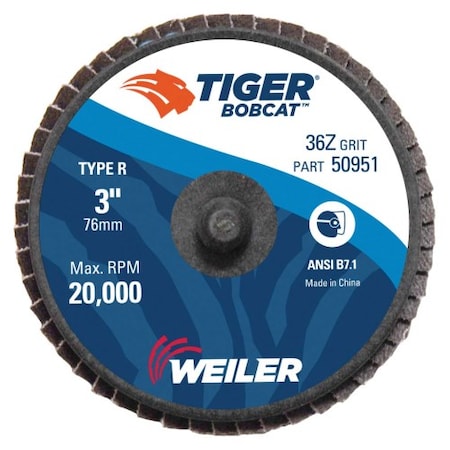 Weiler 3" BobCat Mini Abrasive Flap Disc, Conical (TY29), Type R Mount, 36Z 50951